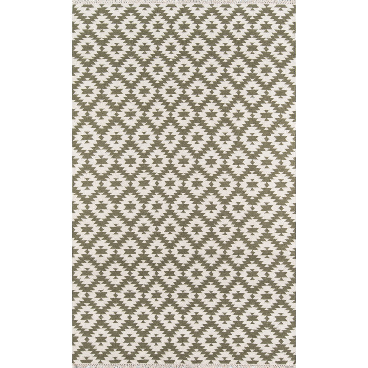 Handmade Green Wool Geometric Rectangular Rug 7'6" x 9'6"