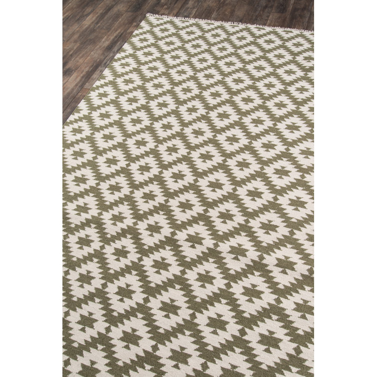 Handmade Green Wool Geometric Rectangular Rug 7'6" x 9'6"