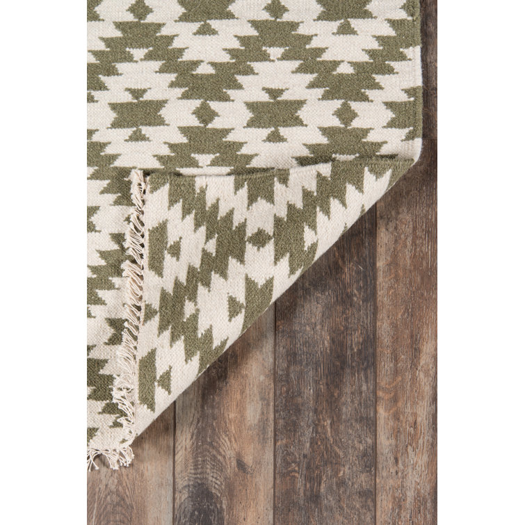 Handmade Green Wool Geometric Rectangular Rug 7'6" x 9'6"