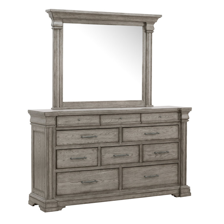 Gray Oak 10-Drawer Dresser with Mirror and Antique Silver Pulls