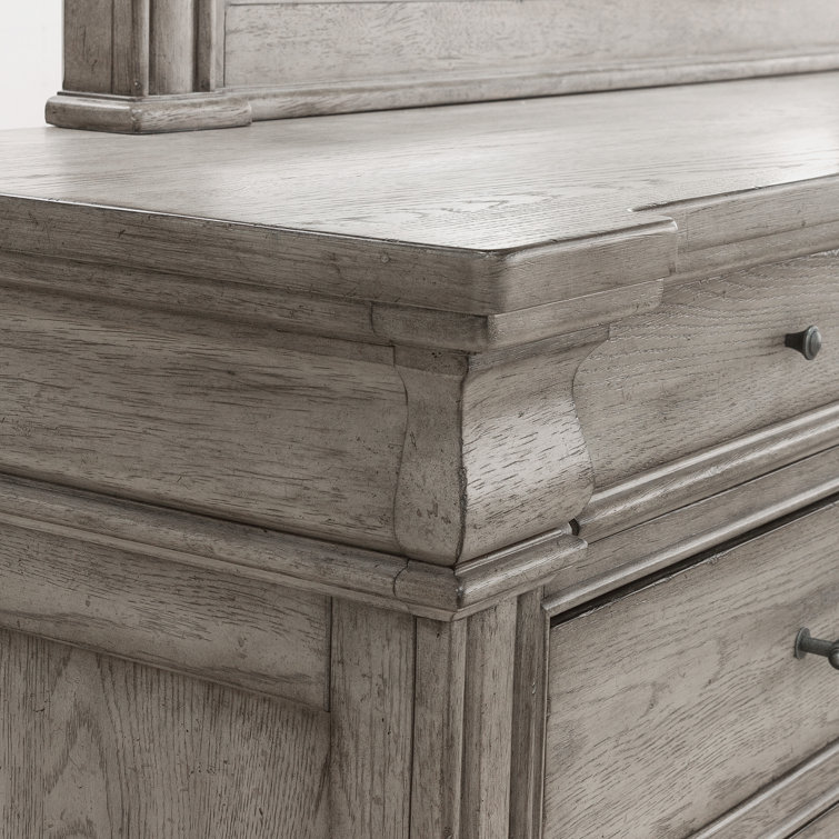 Gray Oak 10-Drawer Dresser with Mirror and Antique Silver Pulls