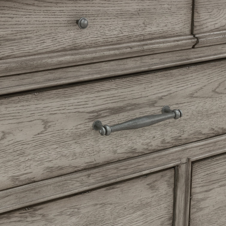 Gray Oak 10-Drawer Dresser with Mirror and Antique Silver Pulls