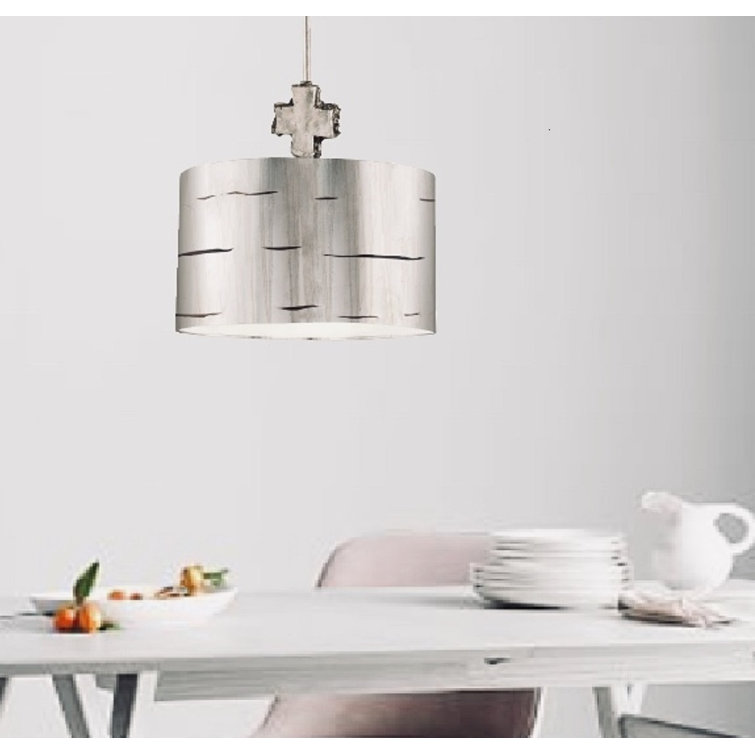 Aged Silver Leaf Drum Pendant Light with Glass Shade