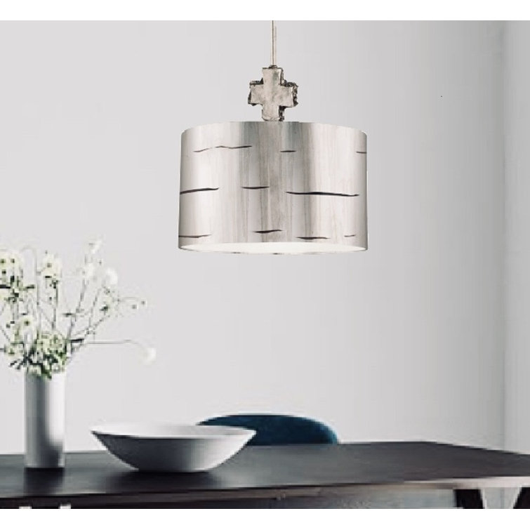 Aged Silver Leaf Drum Pendant Light with Glass Shade