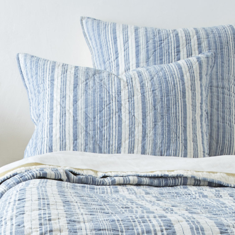 Twin Blue and White Striped Textured Quilt Set
