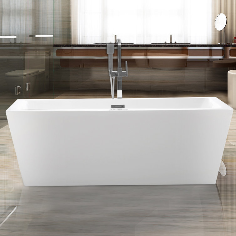 67'' White Acrylic Freestanding Soaking Bathtub with Chrome Overflow