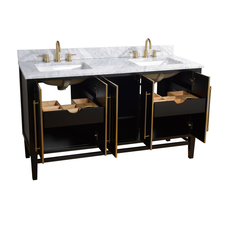 Mason 61" Black and Gold Double Vanity with Marble Top
