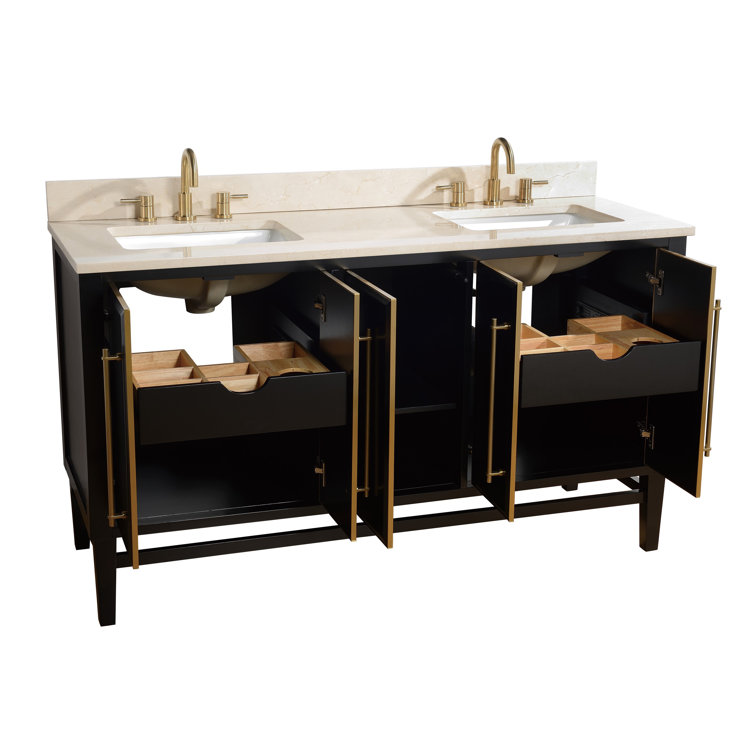 Mason 61" Black and Gold Double Vanity with Marble Top