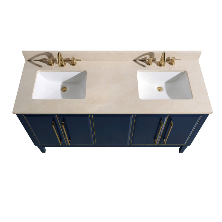 Navy Blue and Gold Double Sink Vanity with Marble Top