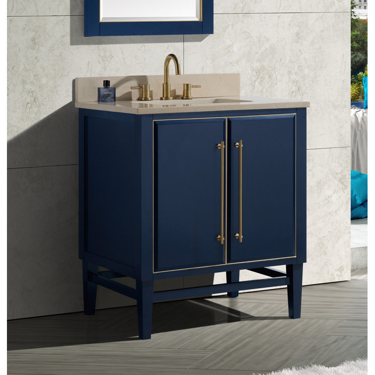 Mason 31" Navy Blue and Gold Solid Wood Vanity with Marble Top