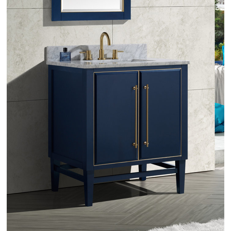 Mason 31" Navy Blue and Gold Solid Wood Vanity with Marble Top