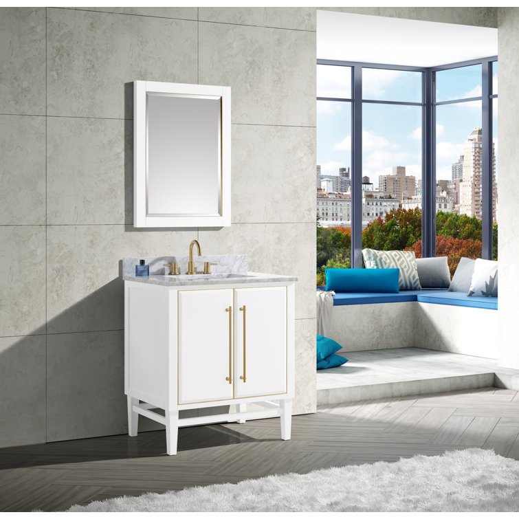 White Rectangular Wood Framed Mirror with Gold Trim