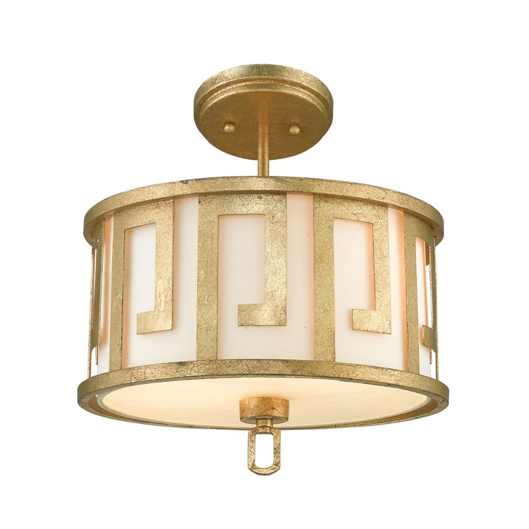 Distressed Gold Drum 2-Light Pendant with Fabric Shade