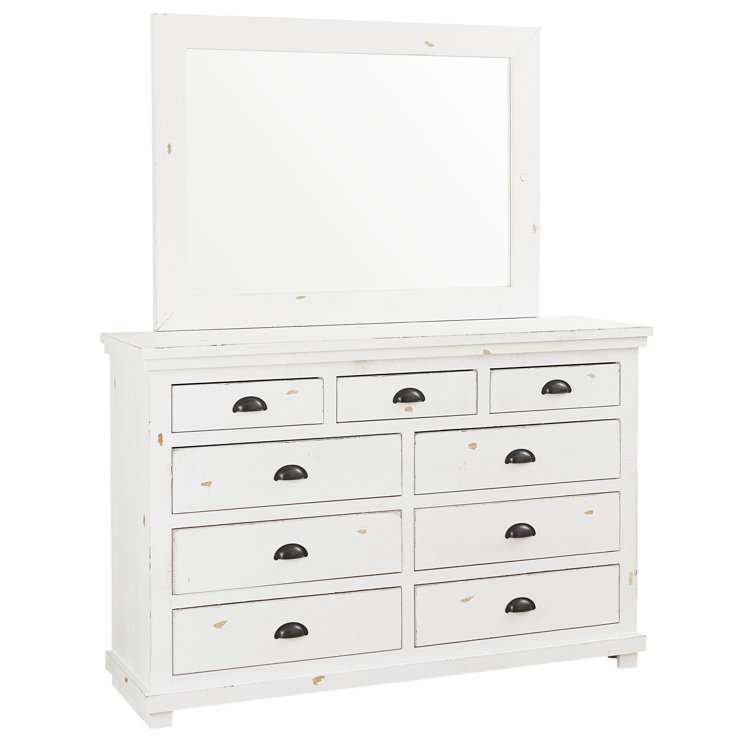 Vintage Farmhouse White Pine 7-Drawer Dresser with Wide Mirror