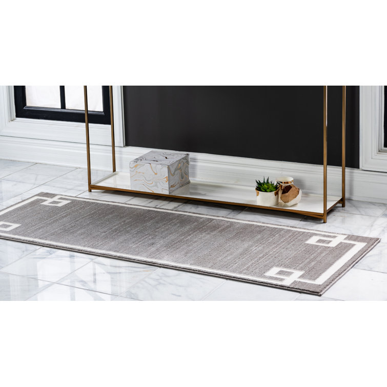 Gray and Ivory Geometric Synthetic Indoor Runner Rug