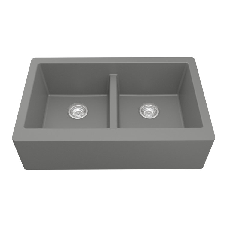 Gray Quartz Farmhouse Double Bowl Kitchen Sink, 34"