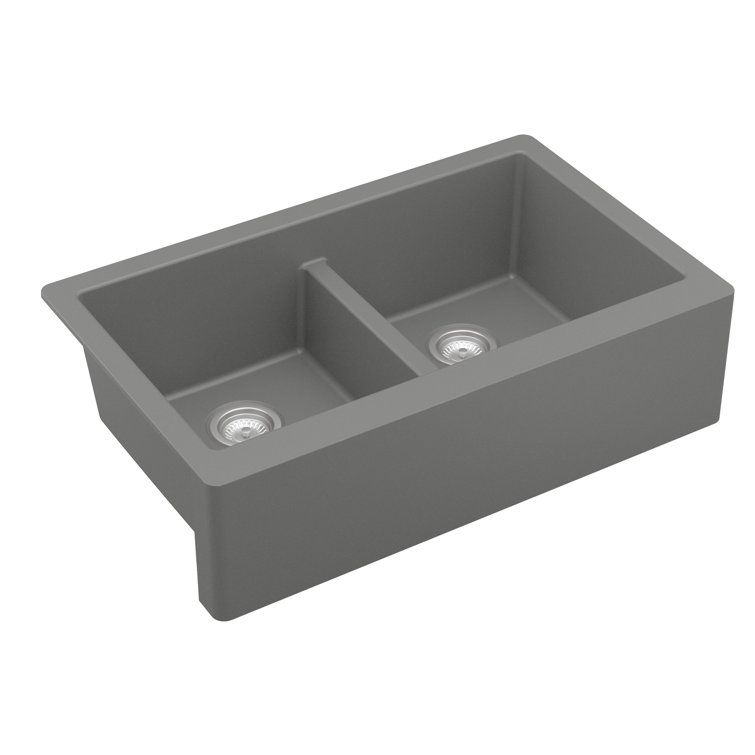 Gray Quartz Farmhouse Double Bowl Kitchen Sink, 34"
