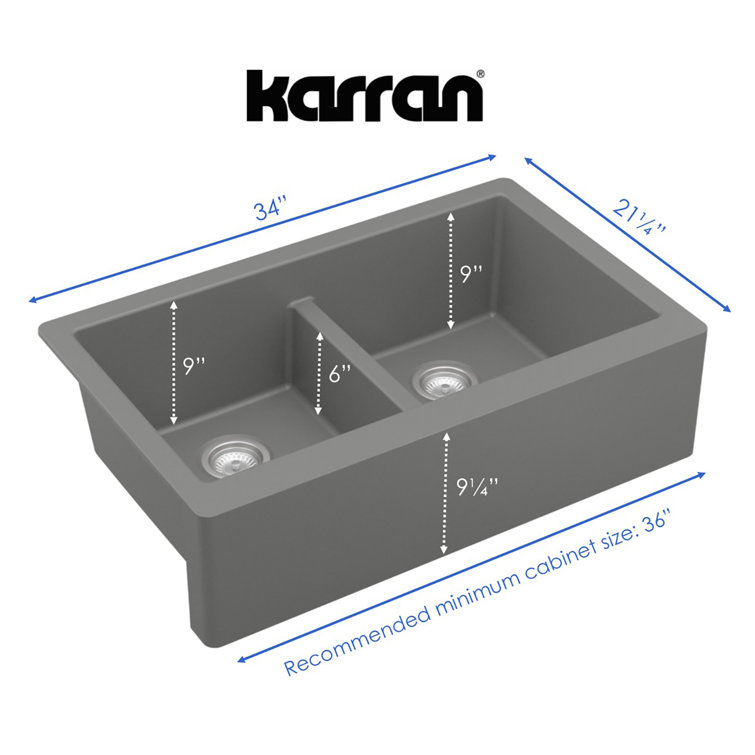Gray Quartz Farmhouse Double Bowl Kitchen Sink, 34"