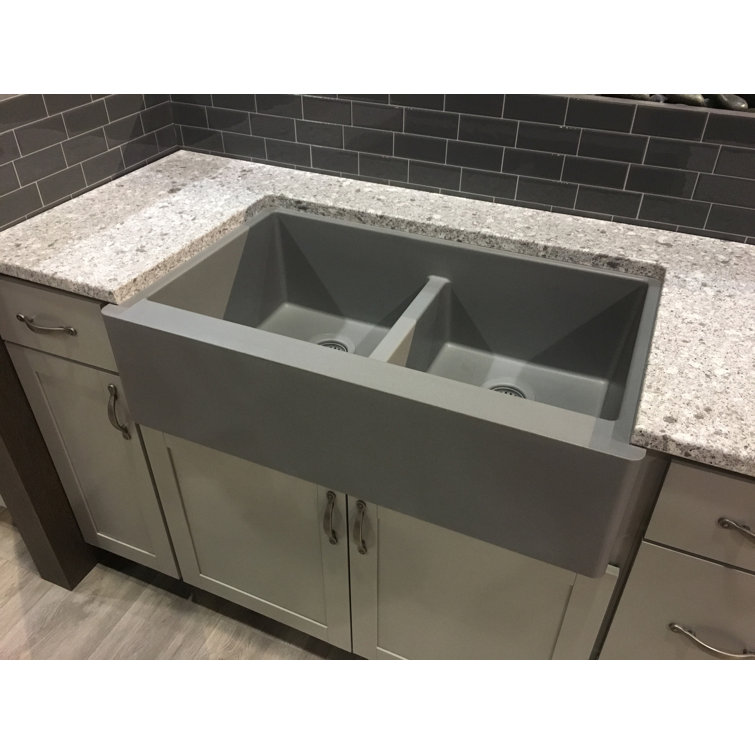 Gray Quartz Farmhouse Double Bowl Kitchen Sink, 34"