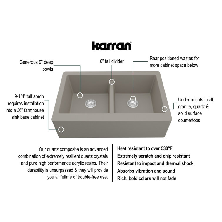 Concrete Quartz Composite Farmhouse Apron Front Double Bowl Kitchen Sink