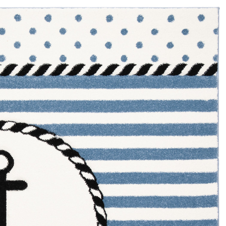 Ivory and Navy Hand-knotted Synthetic Kids Rug, 2'3" x 10'
