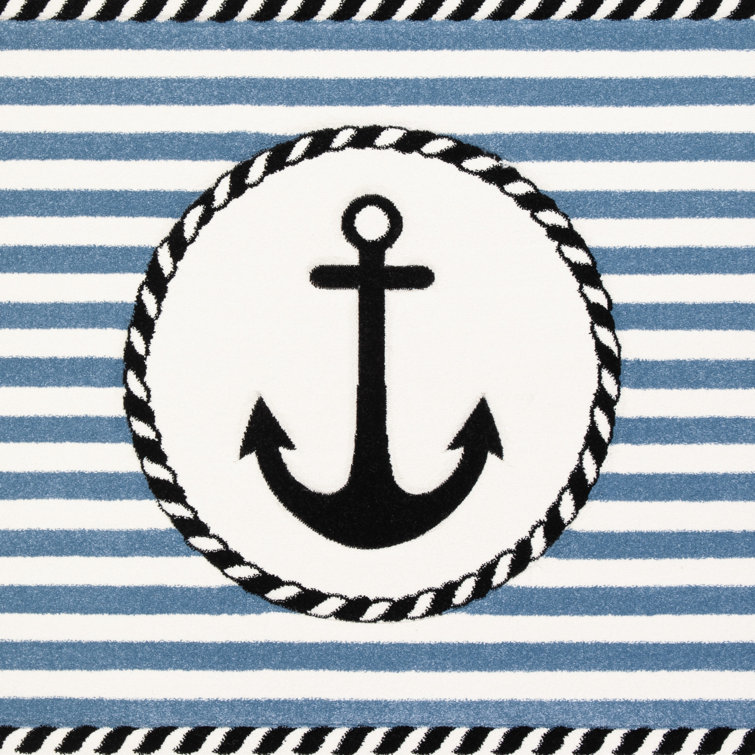 Ivory and Navy Hand-knotted Synthetic Kids Rug, 2'3" x 10'