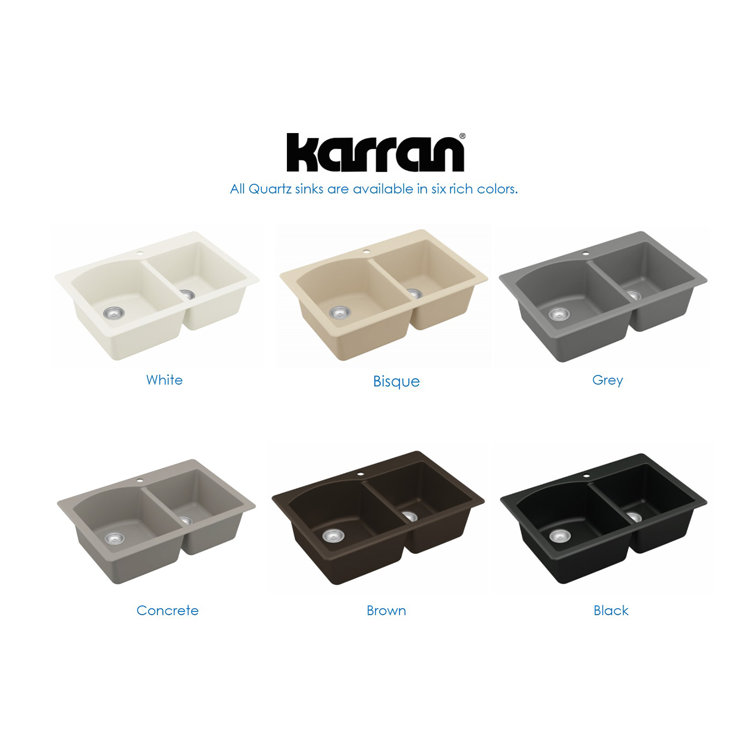 White Quartz Composite Double Bowl Kitchen Sink, 33" x 22"