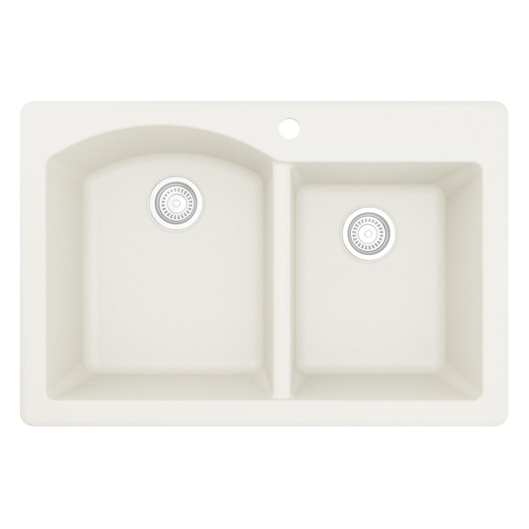 White Quartz Composite Double Bowl Kitchen Sink, 33" x 22"