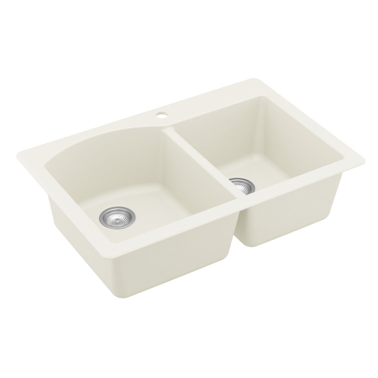 White Quartz Composite Double Bowl Kitchen Sink, 33" x 22"