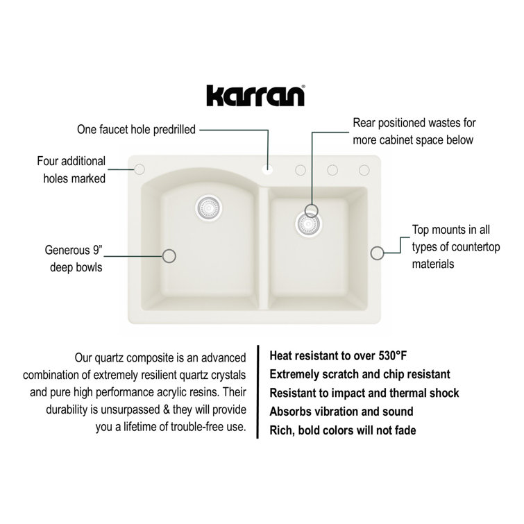 White Quartz Composite Double Bowl Kitchen Sink, 33" x 22"