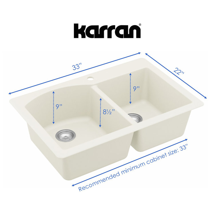 White Quartz Composite Double Bowl Kitchen Sink, 33" x 22"