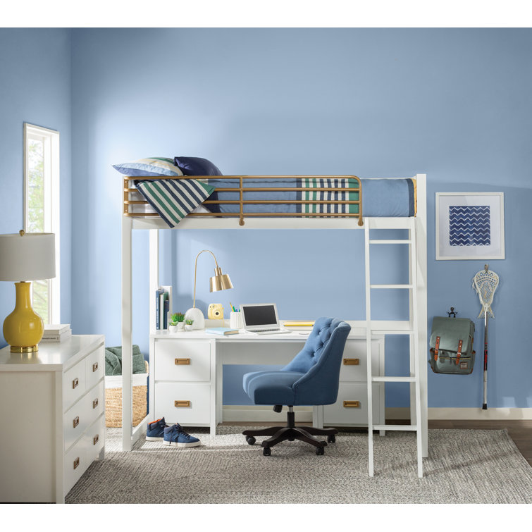 Explorer's Haven White Wooden Kids' Desk with Gold Drawer Pulls