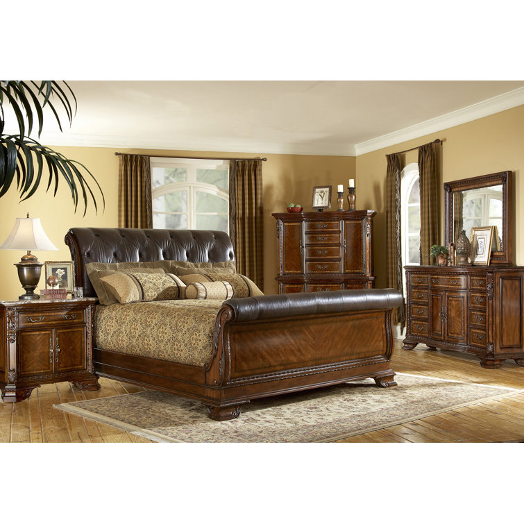 Old World Pomegranate Brown Marble Top Nightstand with Hidden Storage