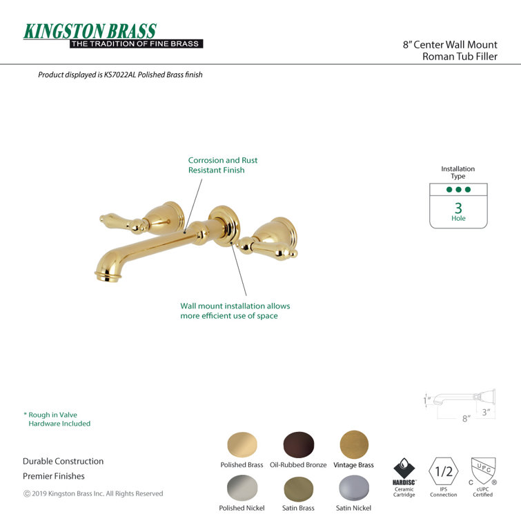 Brushed Brass Dual Handle Wall Mount Roman Tub Faucet