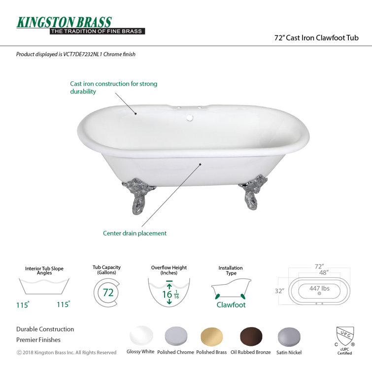 Aqua Eden 72-Inch White Cast Iron Double Ended Clawfoot Tub