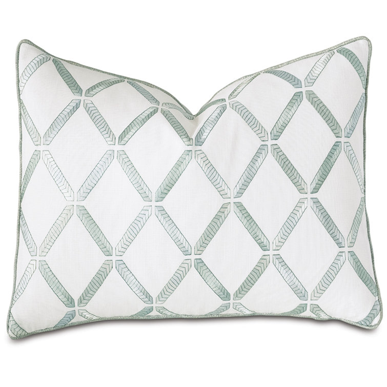 White and Green Cotton Blend Rectangular Embroidered Lumbar Pillow