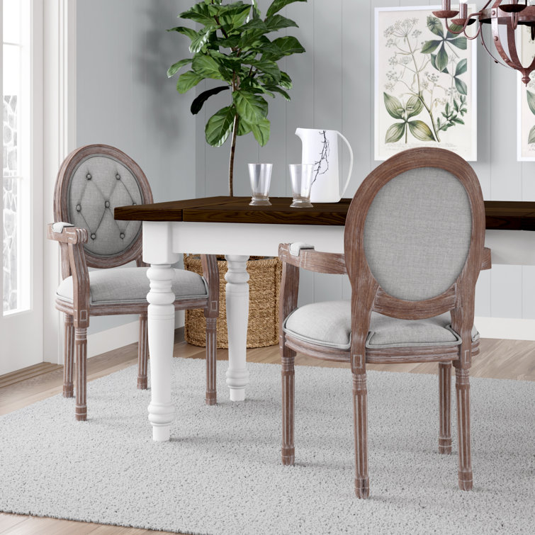 Elegant Vintage French Light Gray Upholstered Wood Arm Chair