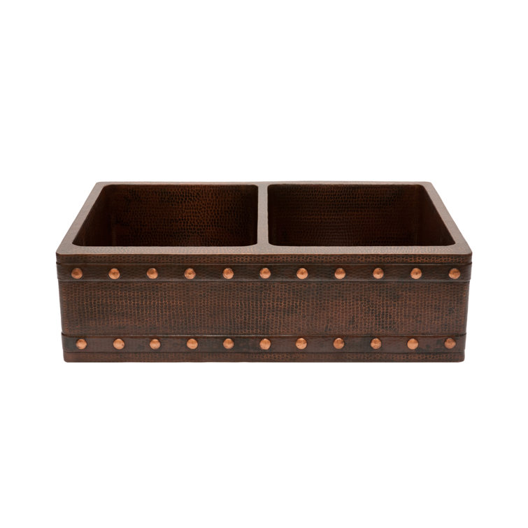 33" Hammered Copper Double Basin Kitchen Sink with Barrel Strap Design
