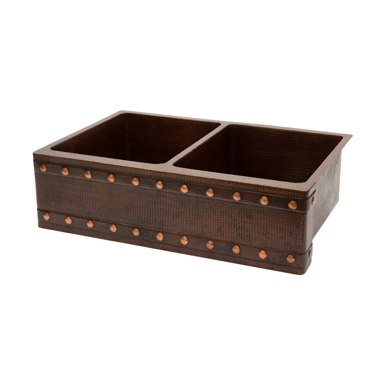 33" Hammered Copper Double Basin Kitchen Sink with Barrel Strap Design