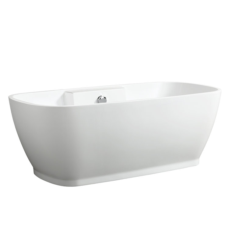 59" White Freestanding Acrylic Soaking Bathtub with Chrome Overflow
