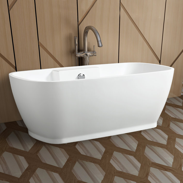 59" White Freestanding Acrylic Soaking Bathtub with Chrome Overflow