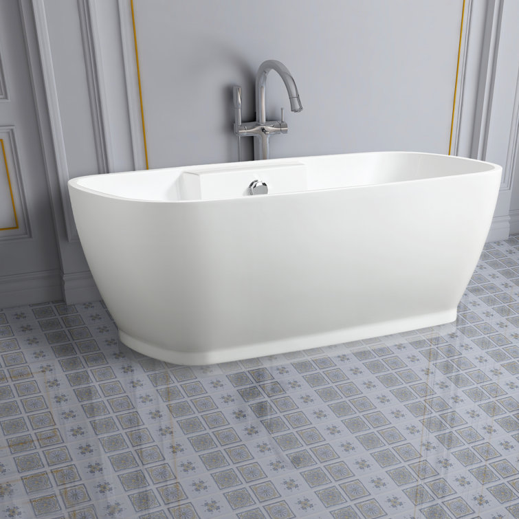 59" White Freestanding Acrylic Soaking Bathtub with Chrome Overflow