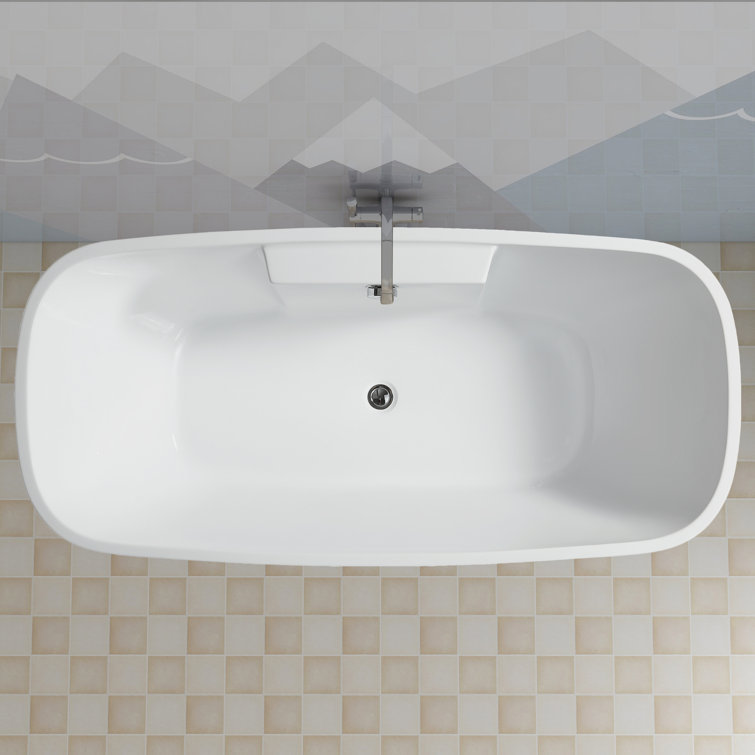 59" White Freestanding Acrylic Soaking Bathtub with Chrome Overflow