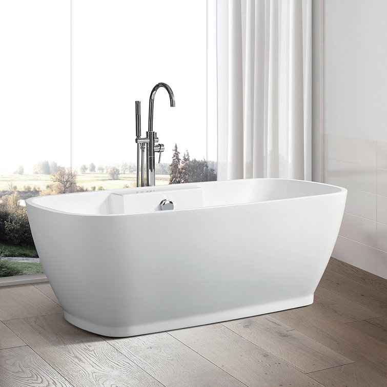 59" White Freestanding Acrylic Soaking Bathtub with Chrome Overflow