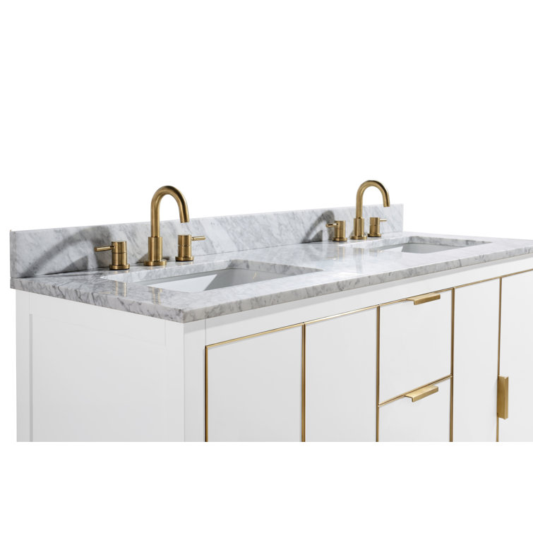 Contemporary 60" White Double Vanity with Marble Top and Gold Accents
