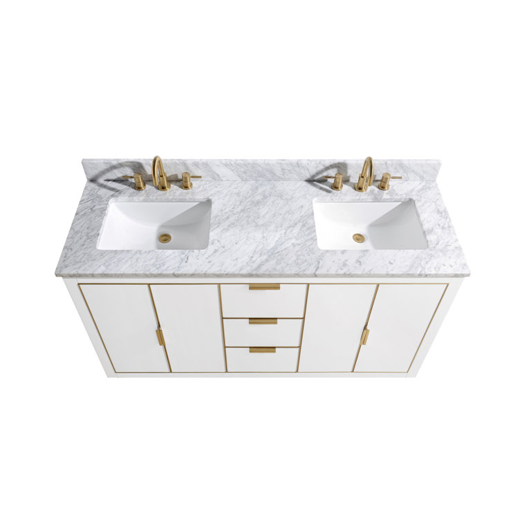 Contemporary 60" White Double Vanity with Marble Top and Gold Accents