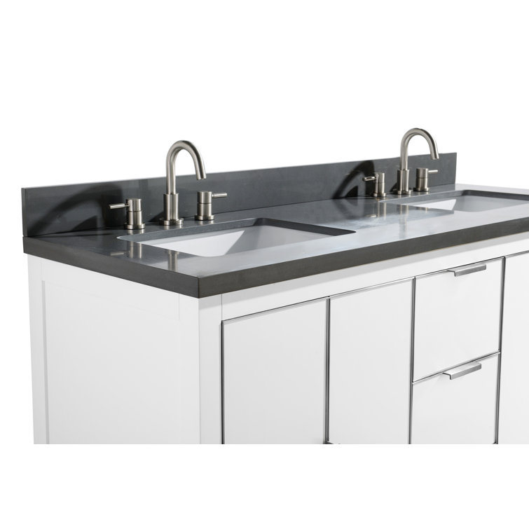 Contemporary 60" White Double Vanity with Marble Top and Gold Accents
