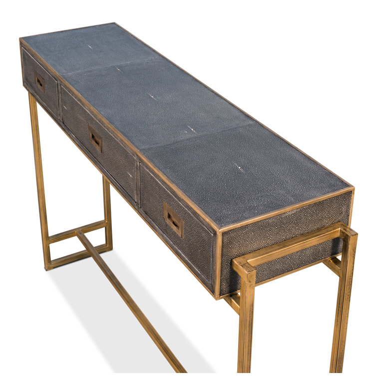 Gold and Gray Shagreen Leather Console Table with Storage