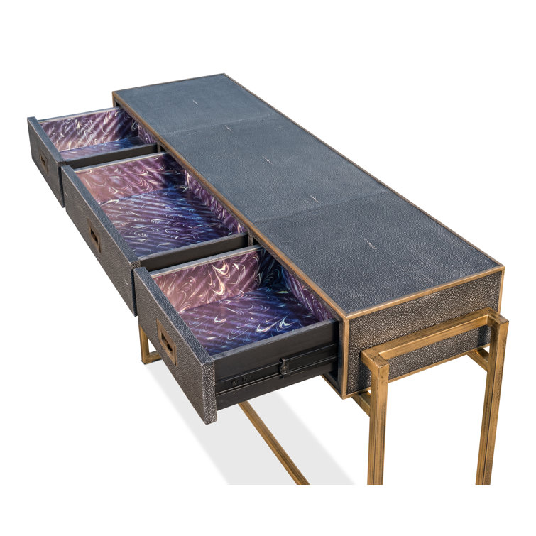 Gold and Gray Shagreen Leather Console Table with Storage