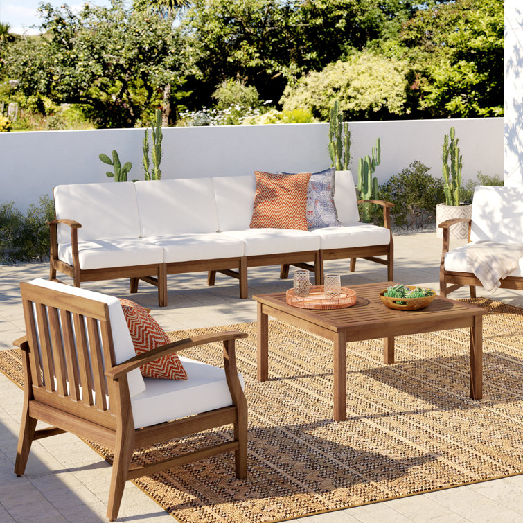 Teak Wood 6-Person Outdoor Sofa and Armchair Set with Cream Cushions
